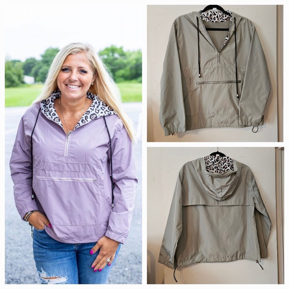 Leopard Print Sage Green Hooded Windbreaker